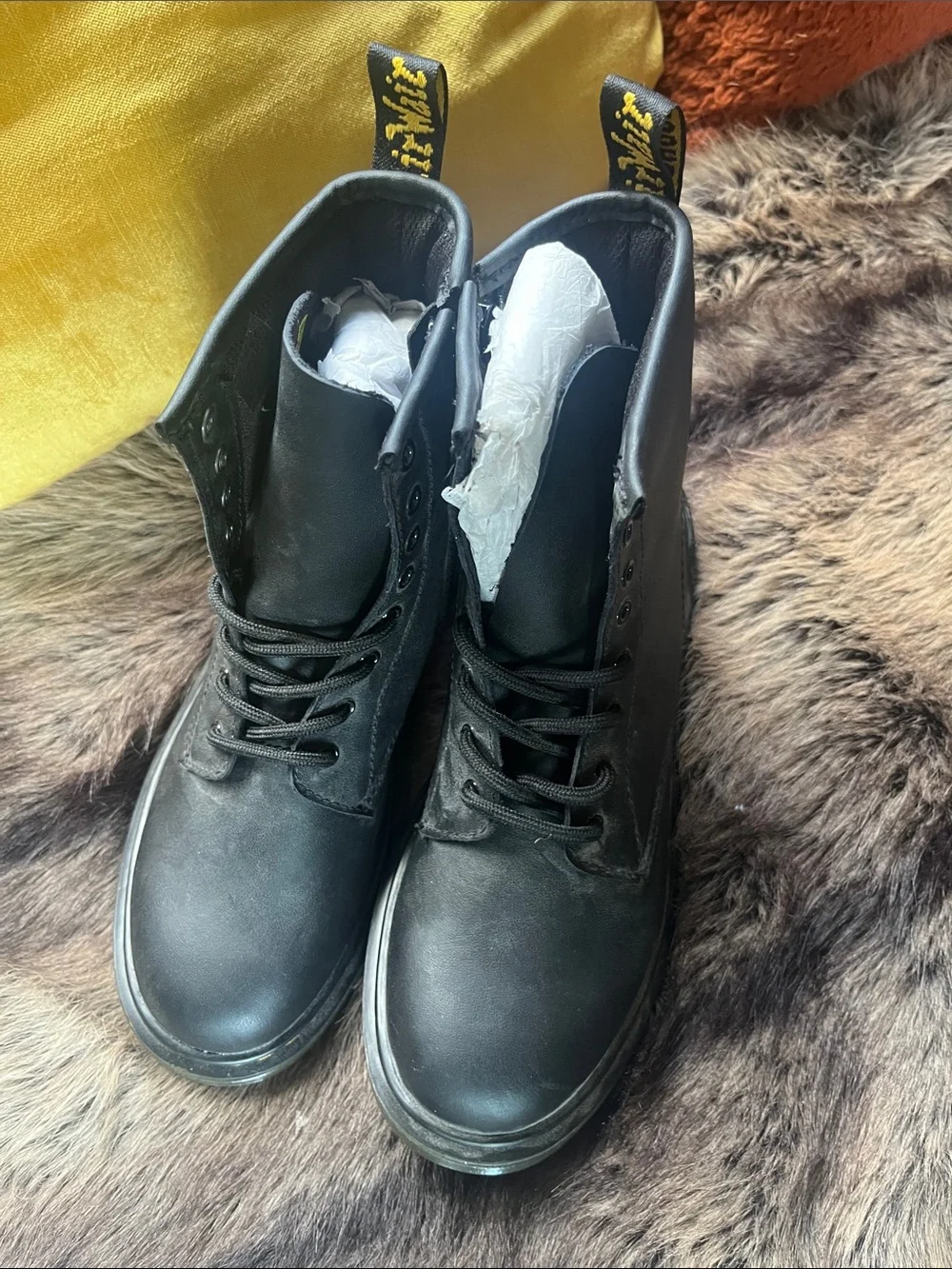 Dr. Martens Black Leather Lace-Up Boots with Yellow Stitching